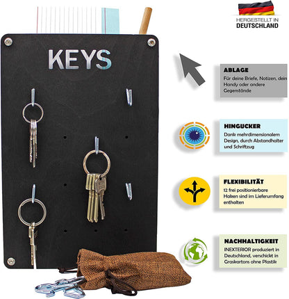 Schlüsselbrett mit variabel positionierbaren Haken - Farbe: schwarz INEXTERIOR 
